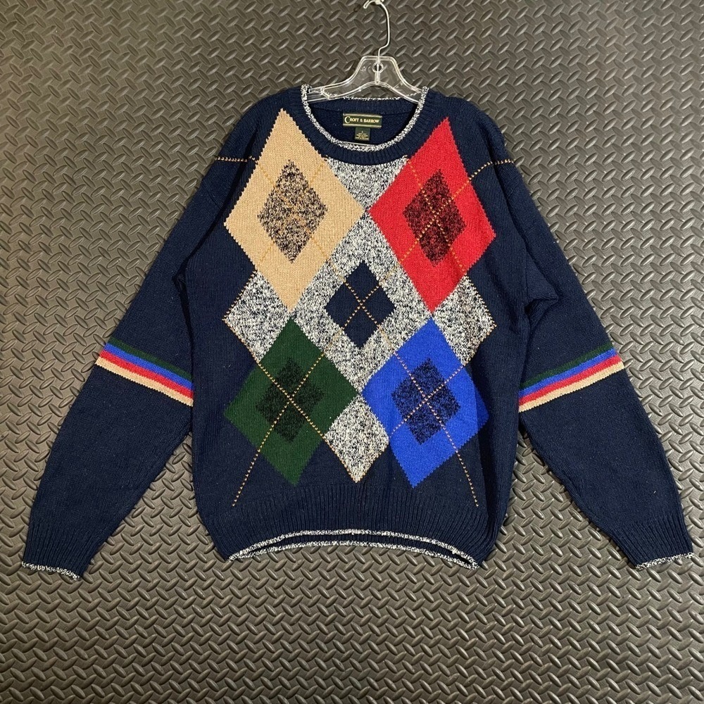 Croft & Barrow Men L Navy Blue 100% Silk Argyle Crew Neck Sweater Vintage Cosby